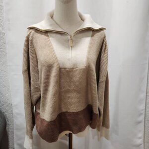 Andrew Marc New York Oversized collar quarter zip  cream & brown sweater
